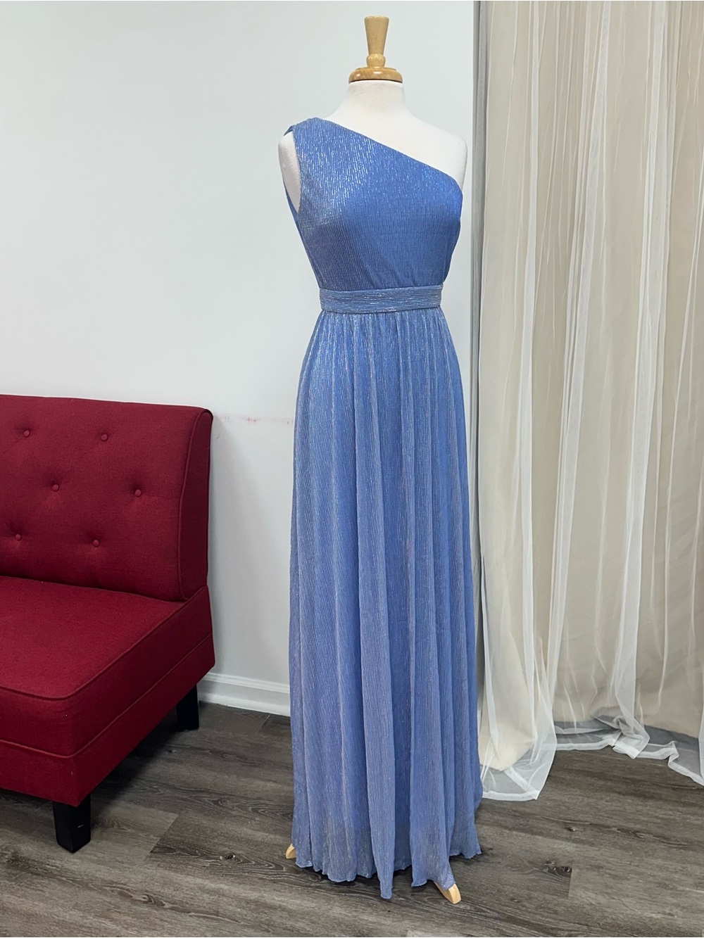 Medium One-Shoulder Light Blue Lurex Wedding Guest Baby Shower Evening Gown